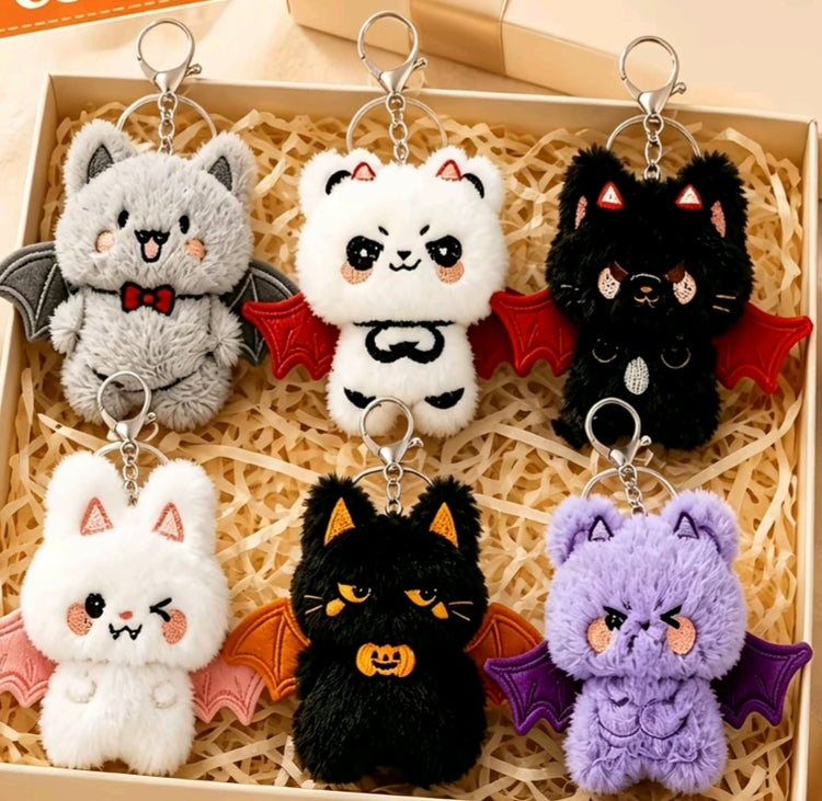 Fuzzy Bear and Cat Bat Keychains